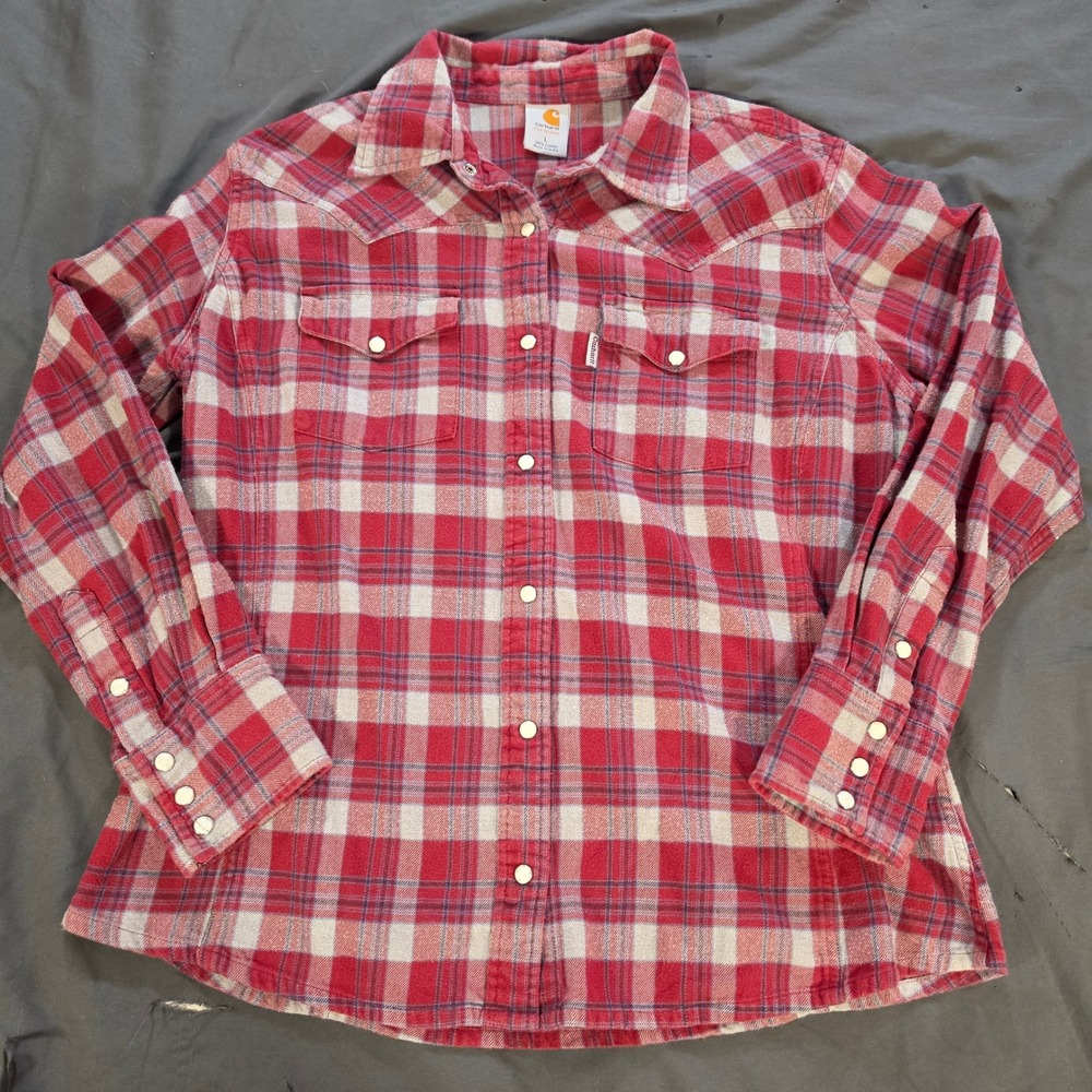 Carhartt Women Red Plaid Flannel Western Snap Front Long Sleeve Shirt Large